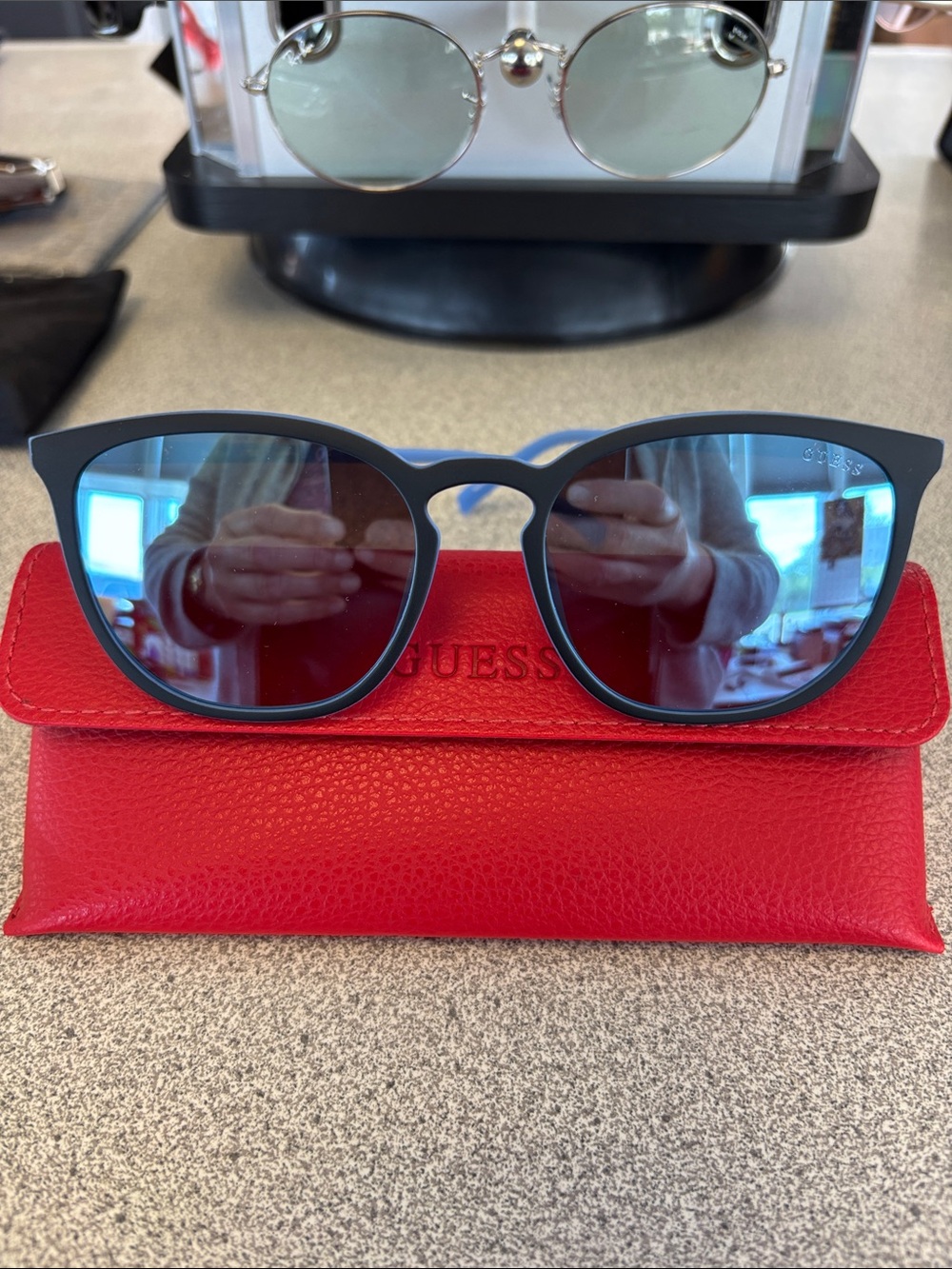 Guess Matte Black and Blue Sunglasses with Mirrored Lenses and Red Case